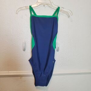 Speedo Women's Team Navy Bright Green X-Back One Piece Swimsuit Size 32 NWT
